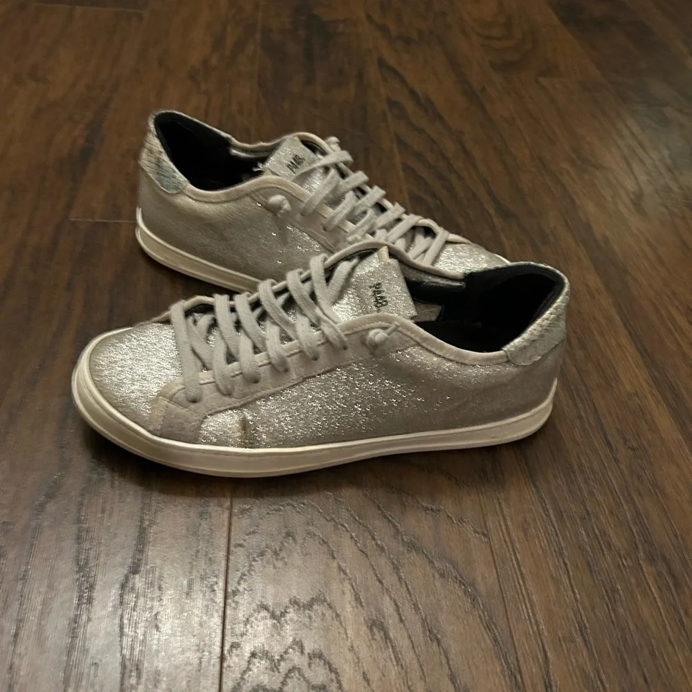 P448 John Sneakers Silver-tone Glitter Python Print Leather Trim Women’s 41/9.5 - Picture 1 of 9